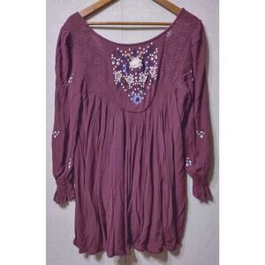 Free People Boho Tunic Top M Burgundy Embroidered Long Sleeve Peasant Blouse